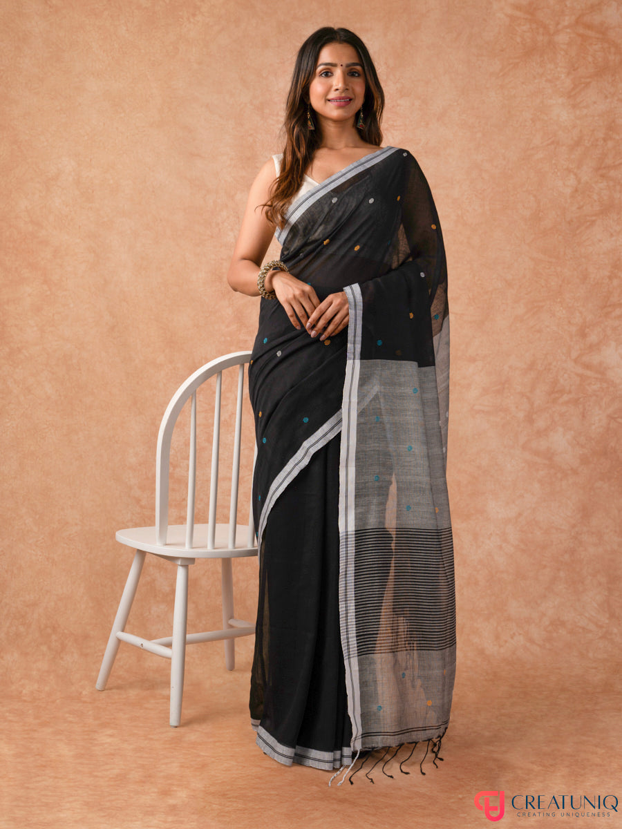 Ball Buti Bengal Handloom Pure Cotton Saree – Black & Grey