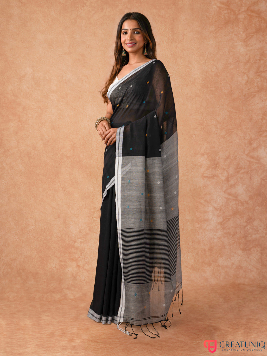 Ball Buti Bengal Handloom Pure Cotton Saree – Black & Grey