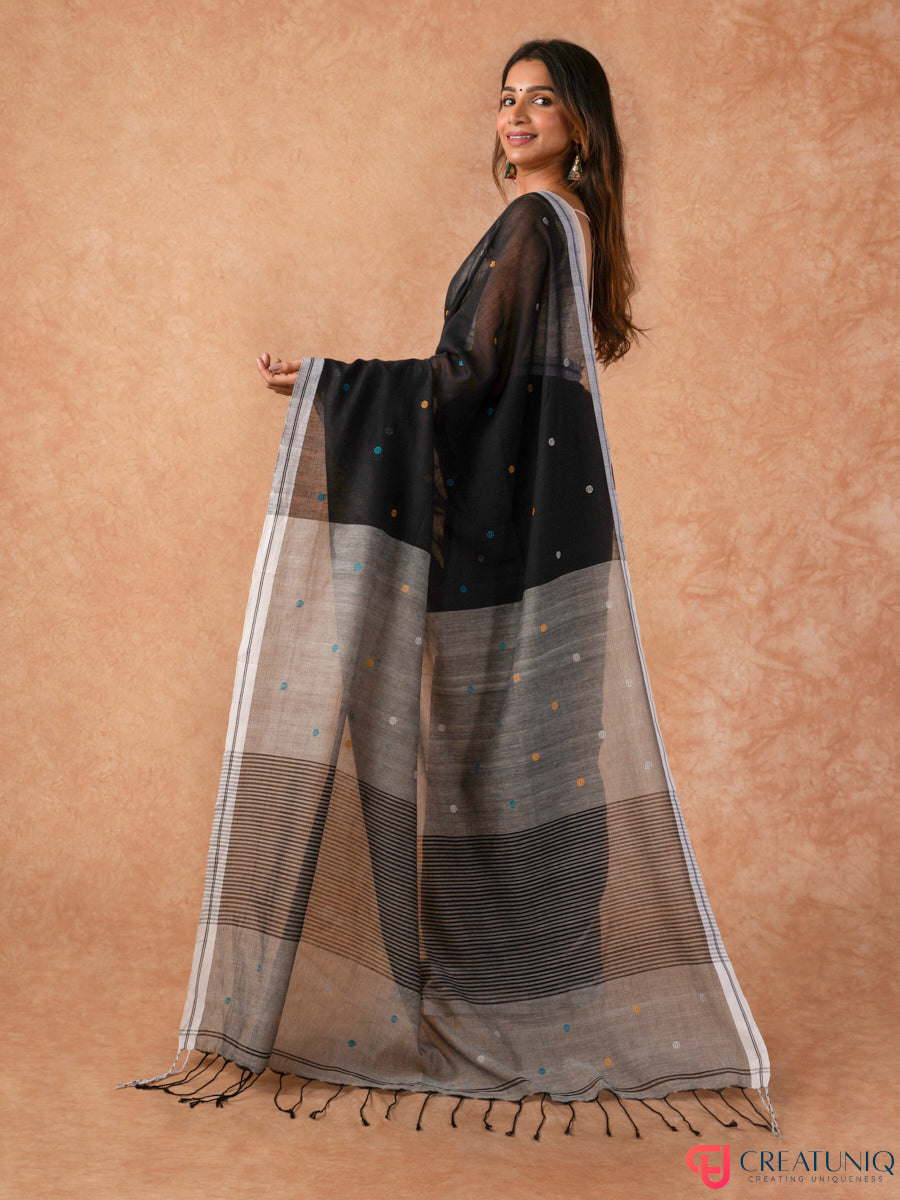 Ball Buti Bengal Handloom Pure Cotton Saree – Black & Grey