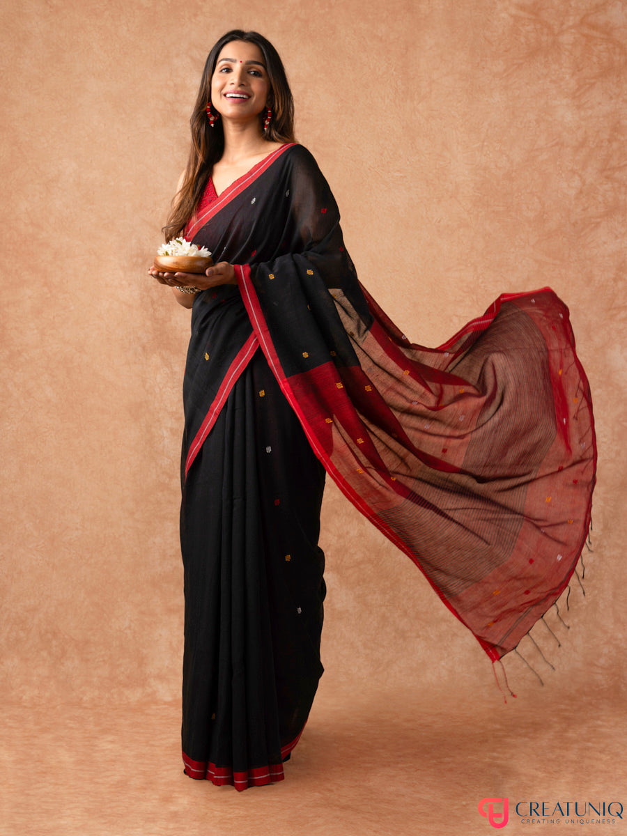 Ball Buti Bengal Handloom Pure Cotton Saree – Black & Red
