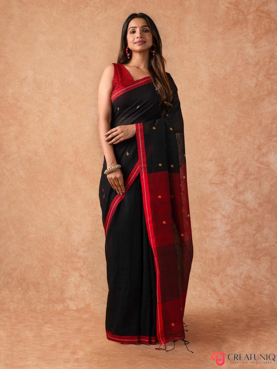 Ball Buti Bengal Handloom Pure Cotton Saree – Black & Red