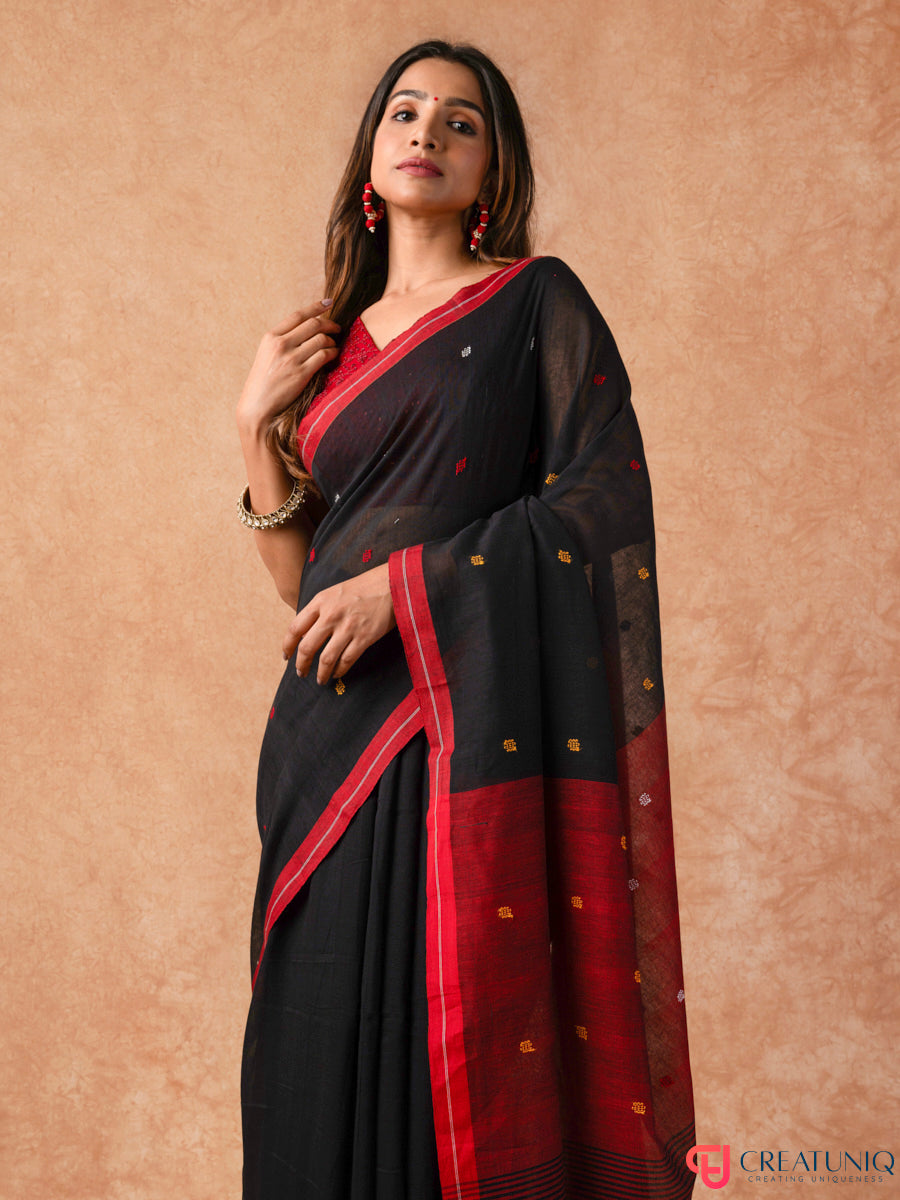 Ball Buti Bengal Handloom Pure Cotton Saree – Black & Red