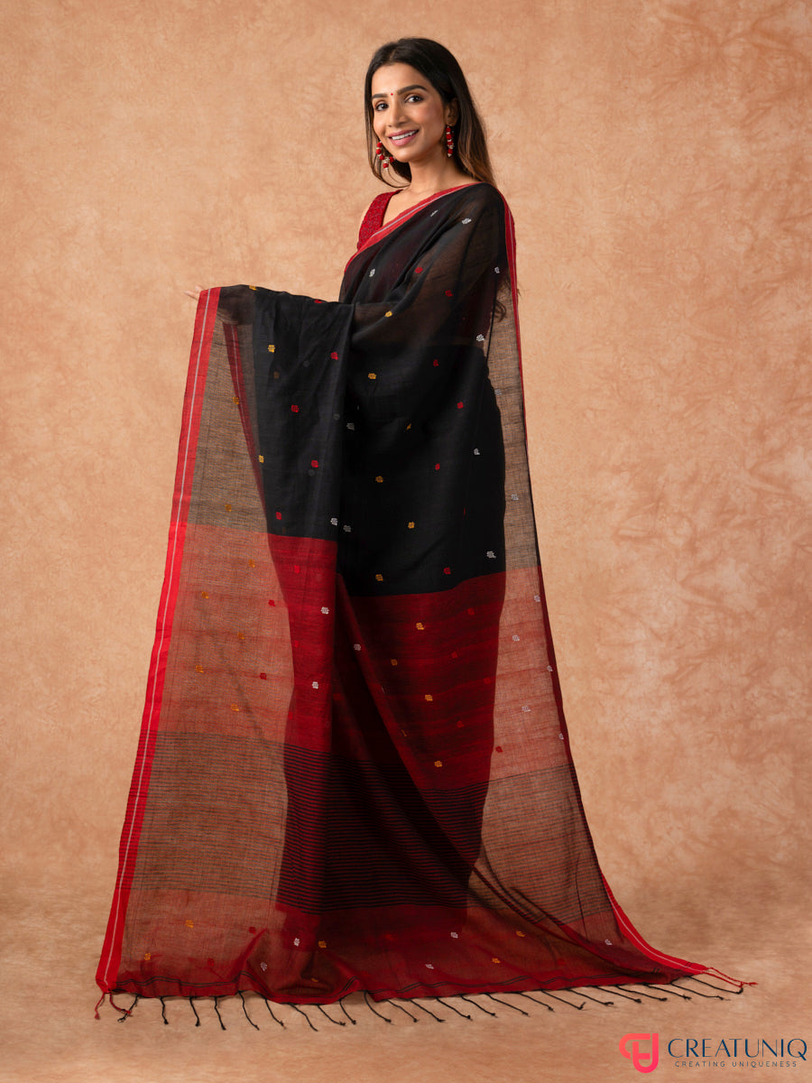Ball Buti Bengal Handloom Pure Cotton Saree – Black & Red