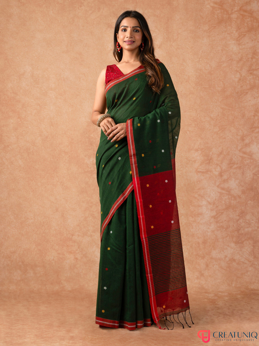 Ball Buti Bengal Handloom Pure Cotton Saree – Green & Red