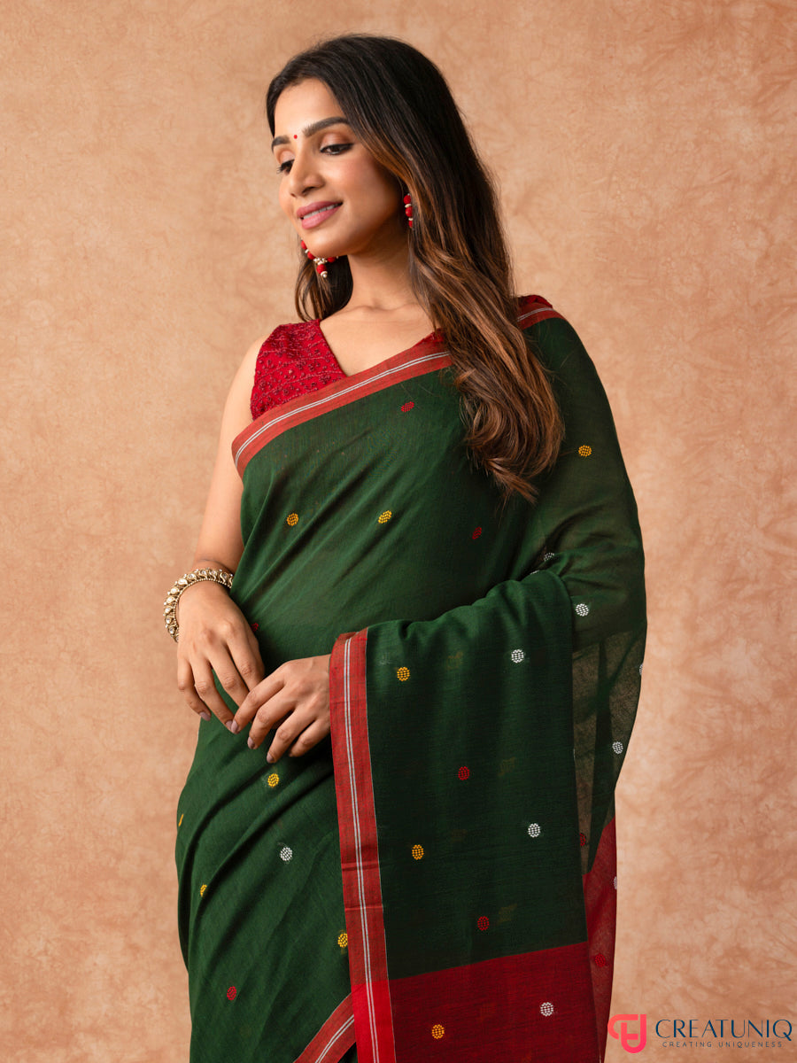 Ball Buti Bengal Handloom Pure Cotton Saree – Green & Red