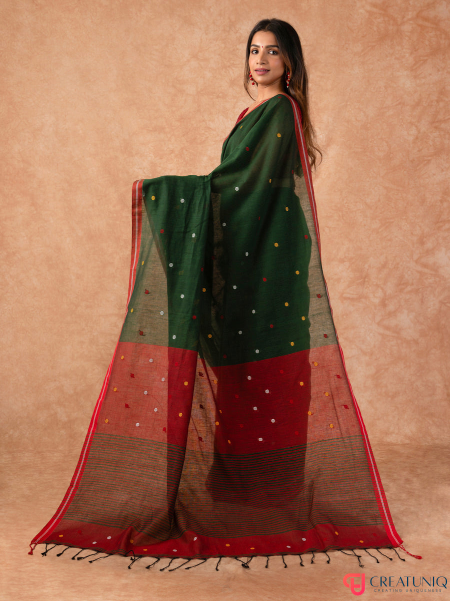 Ball Buti Bengal Handloom Pure Cotton Saree – Green & Red