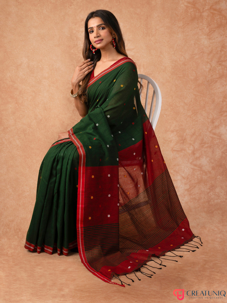 Ball Buti Bengal Handloom Pure Cotton Saree – Green & Red