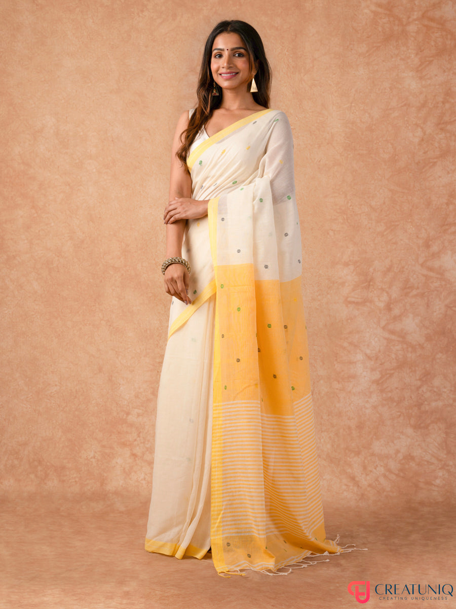 Ball Buti Bengal Handloom Pure Cotton Saree – Off White & Yellow