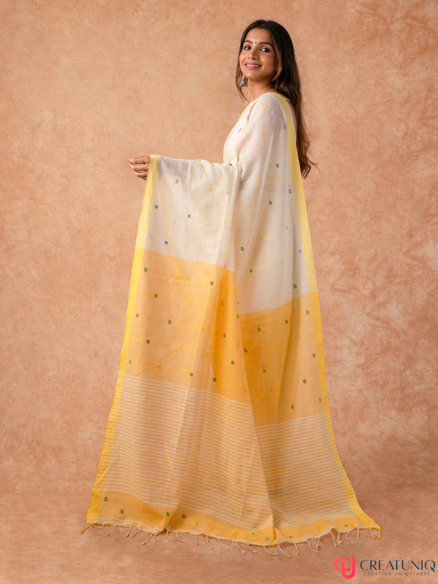 Ball Buti Bengal Handloom Pure Cotton Saree – Off White & Yellow