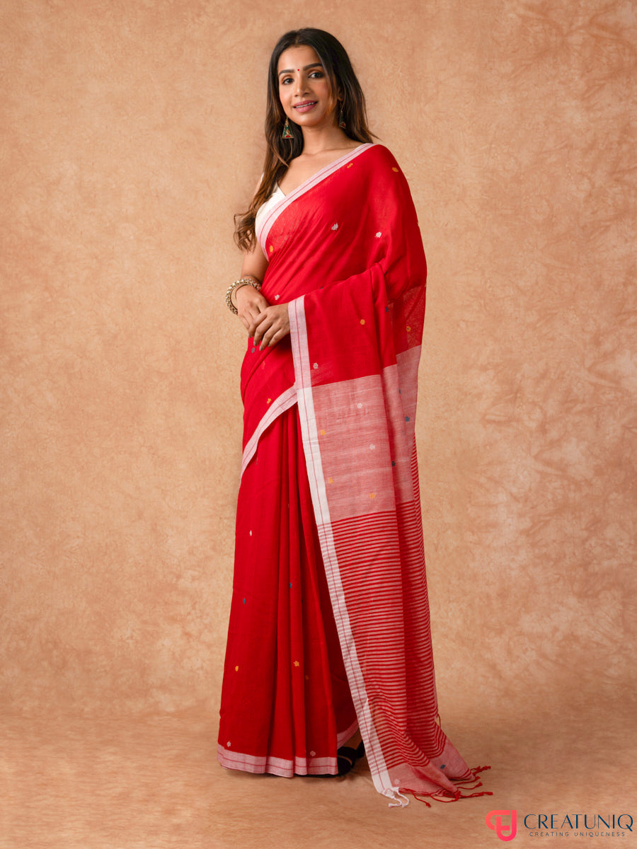 Ball Buti Bengal Handloom Pure Cotton Saree – Red & White