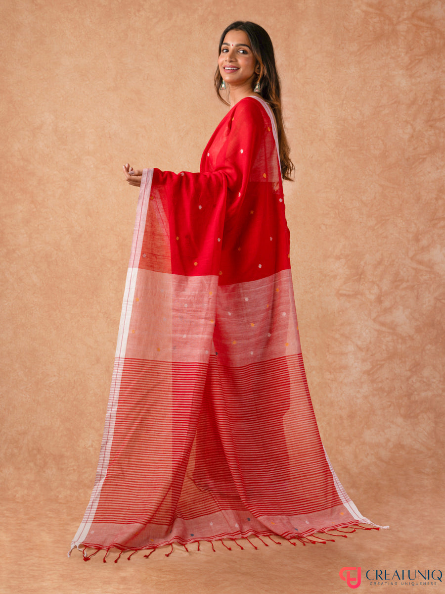 Ball Buti Bengal Handloom Pure Cotton Saree – Red & White