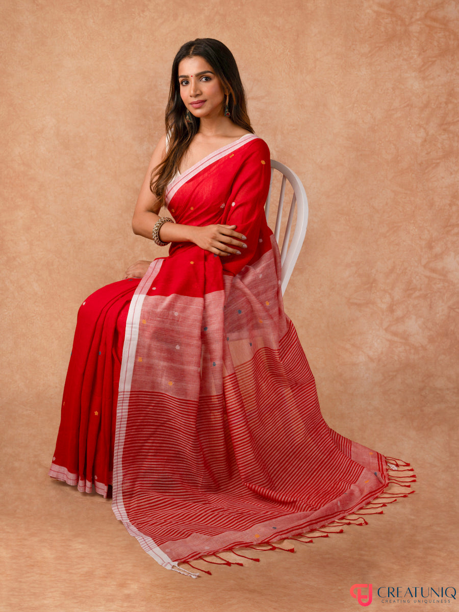 Ball Buti Bengal Handloom Pure Cotton Saree – Red & White