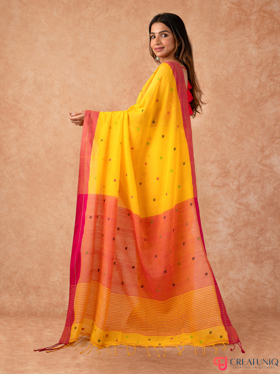 Ball Buti Bengal Handloom Pure Cotton Saree – Red & Yellow