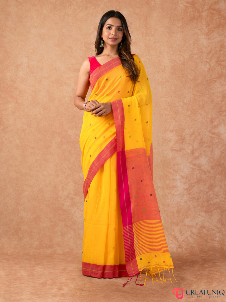 Ball Buti Bengal Handloom Pure Cotton Saree – Red & Yellow