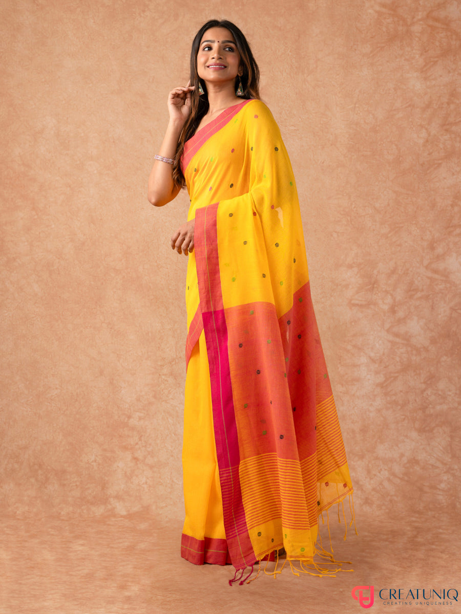 Ball Buti Bengal Handloom Pure Cotton Saree – Red & Yellow