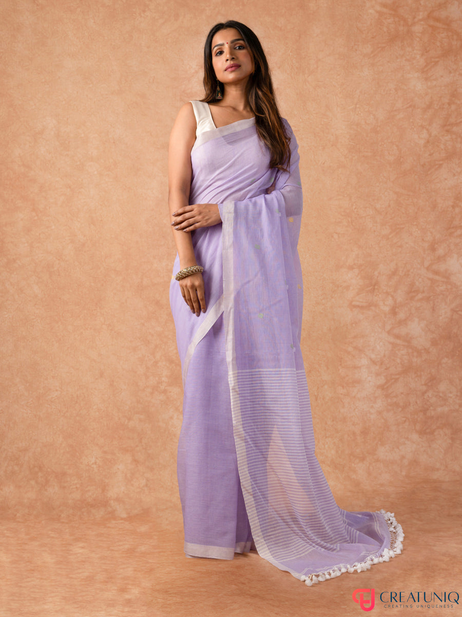 Ball Buti Bengal Handloom Pure Mul Cotton Saree – Lavender & White Stripes
