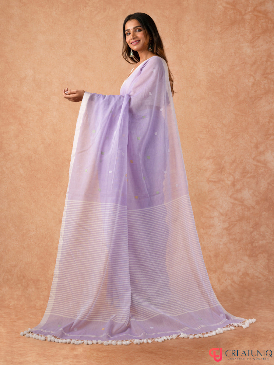 Ball Buti Bengal Handloom Pure Mul Cotton Saree – Lavender & White Stripes