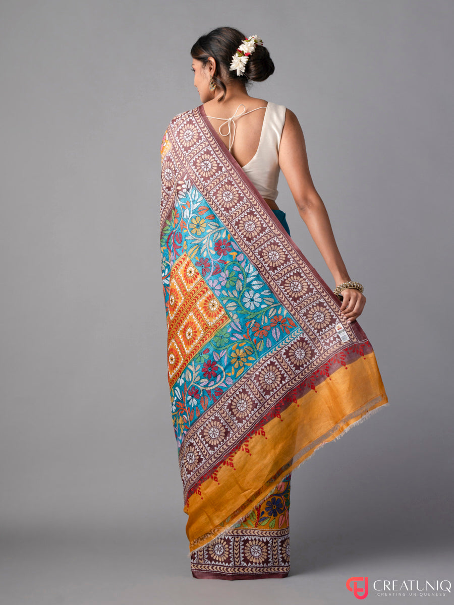 Blue-Yellow Floral Kantha Embroidered Silk Saree