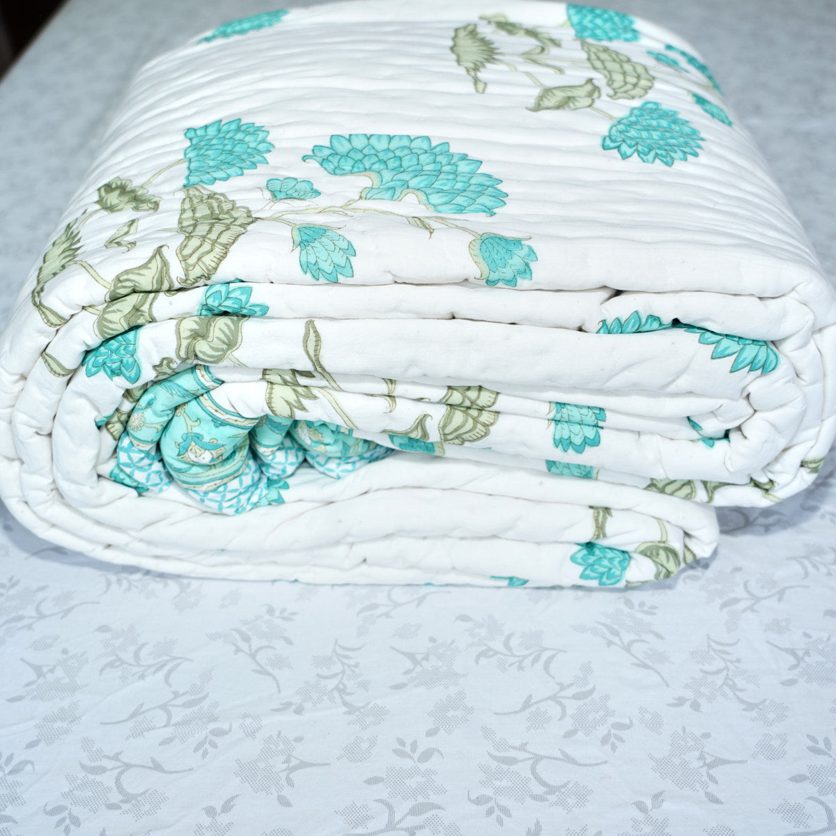 Blue Blossom Melody Reversible Hand Block Printed Cotton Quilt