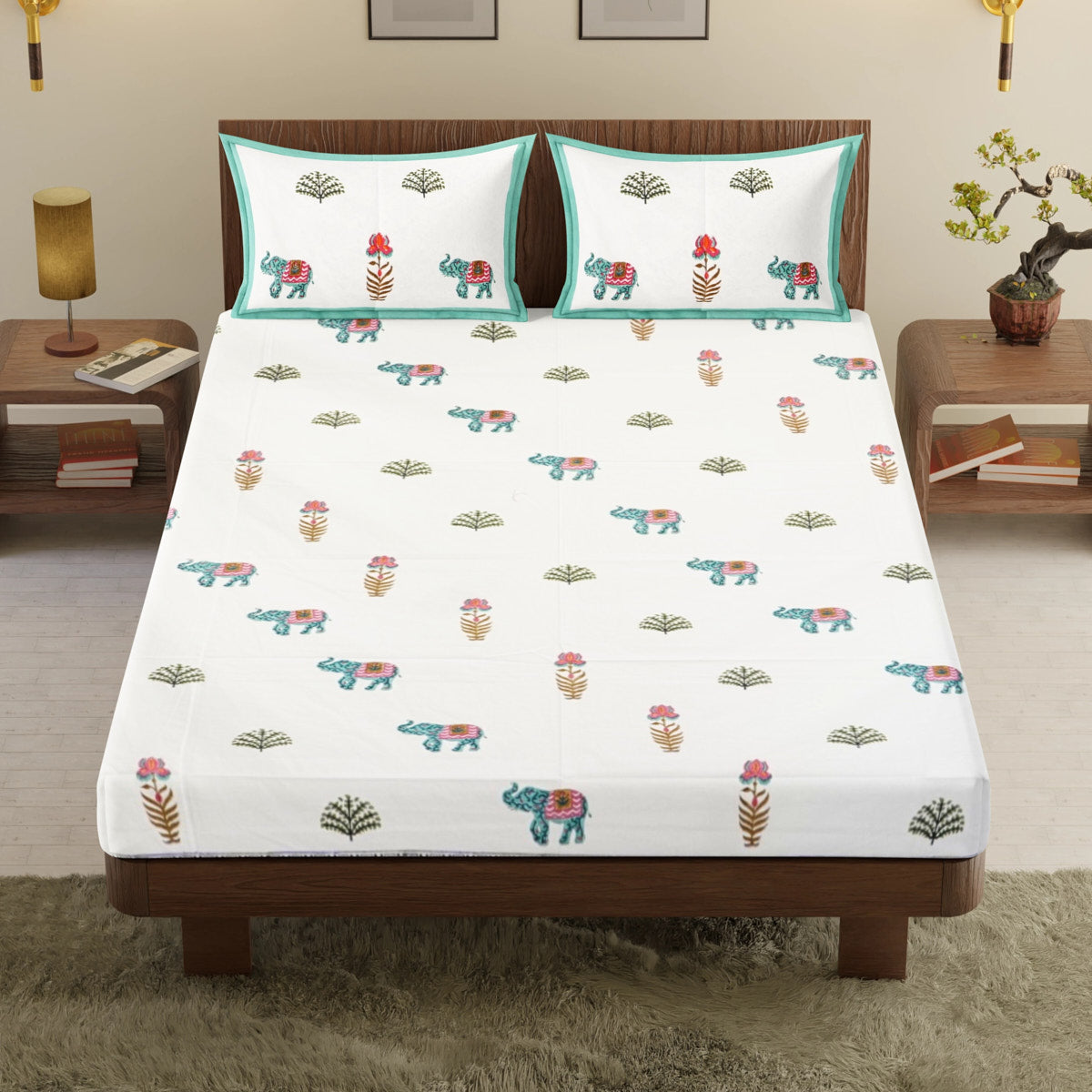 Blue Elephant Floral Hand Block Printed Cotton Bedsheet