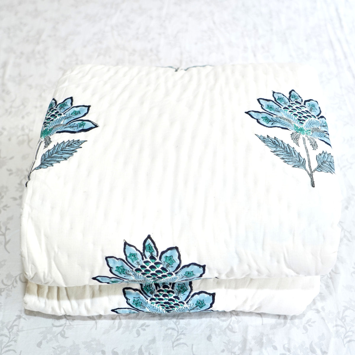 Blue Leafy Floral Reversible Hand Block Printed Cotton Quilt