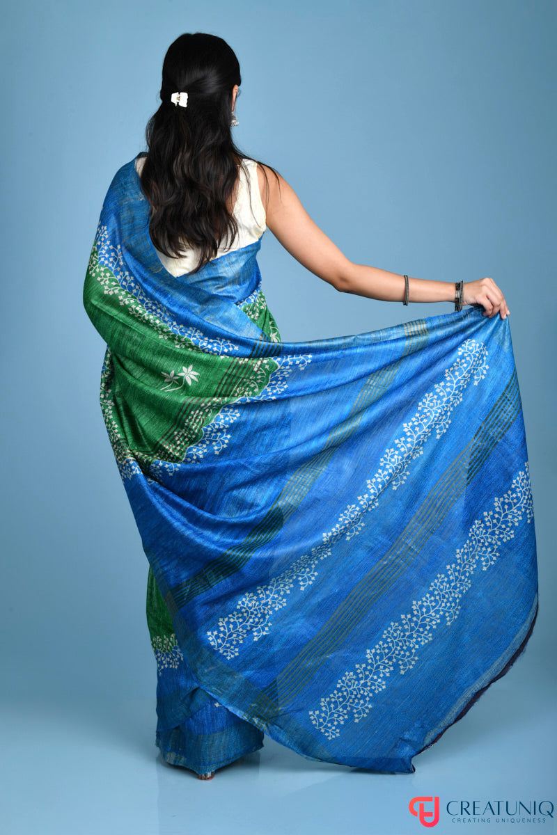 Blue and Green Handwoven Pure Silk Saree with Elegant Floral Designs