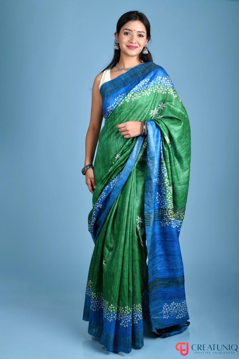 Blue and Green Handwoven Pure Silk Saree with Elegant Floral Designs