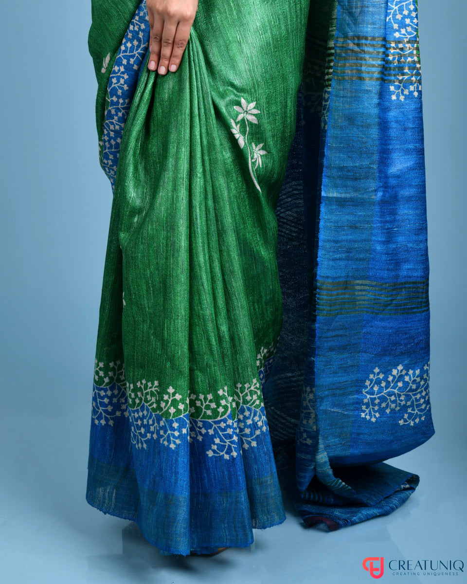 Blue and Green Handwoven Pure Silk Saree with Elegant Floral Designs