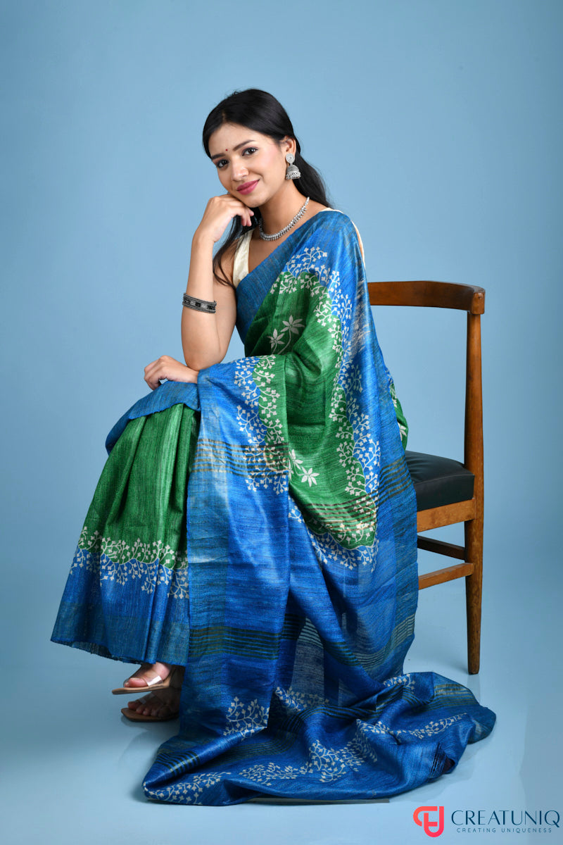 Blue and Green Handwoven Pure Silk Saree with Elegant Floral Designs