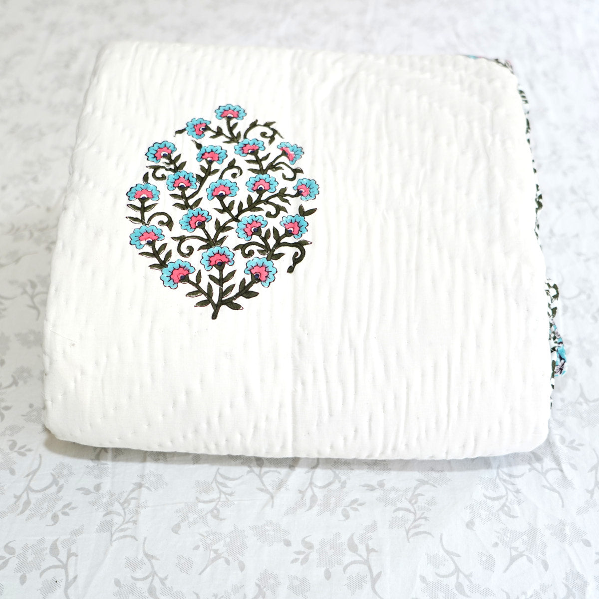 Blue and Red Floral Reversible Hand Block Printed Cotton Quilt