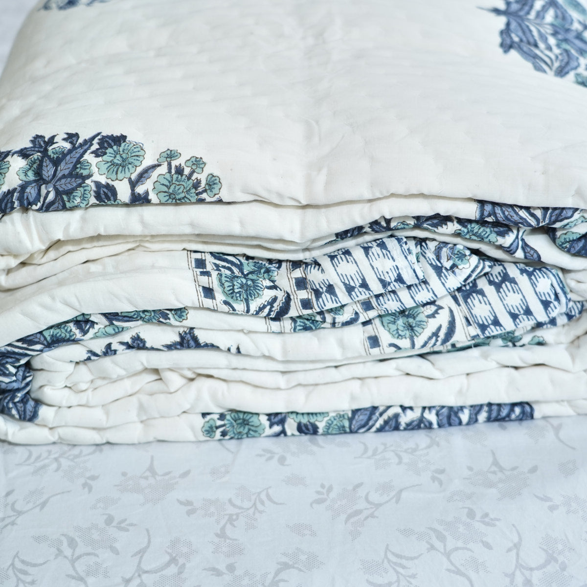 Blush Blue Elegance Reversible Hand Block Printed Cotton Quilt