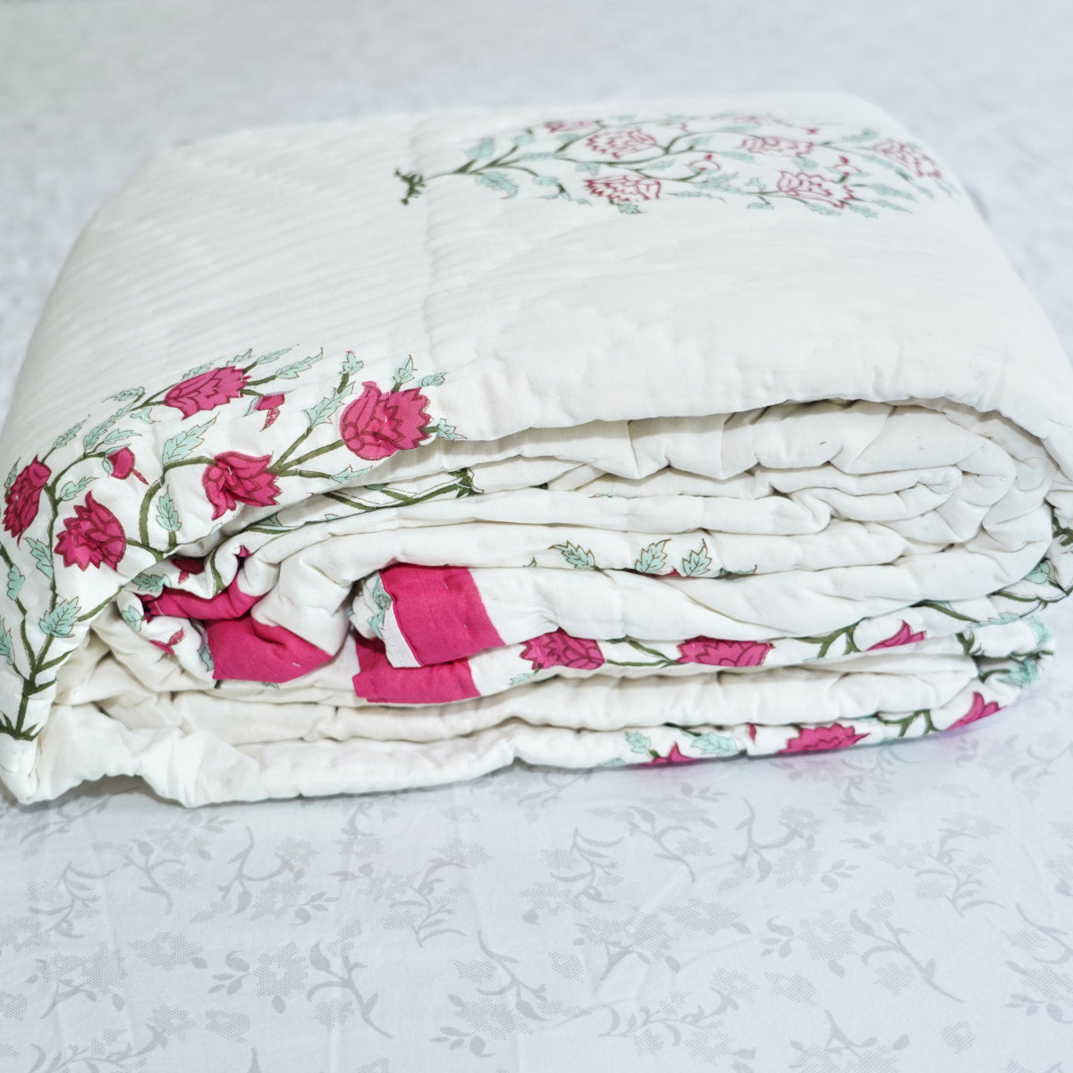 Blushing Red Reversible Hand Block Printed Cotton Quilt