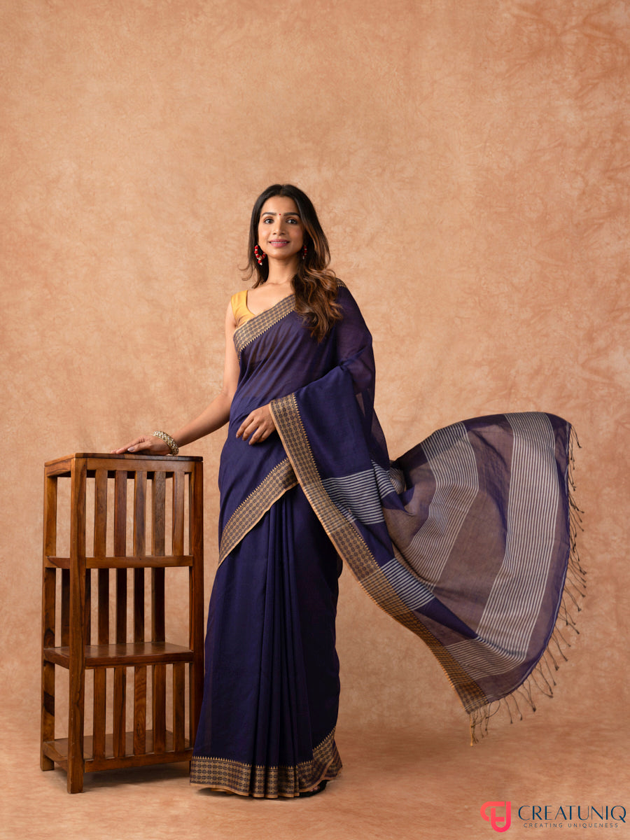 Bomkai Border Pure Cotton Handloom Saree – Blue & White Stripes