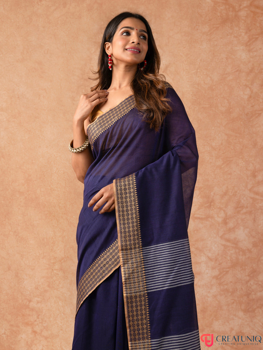Bomkai Border Pure Cotton Handloom Saree – Blue & White Stripes