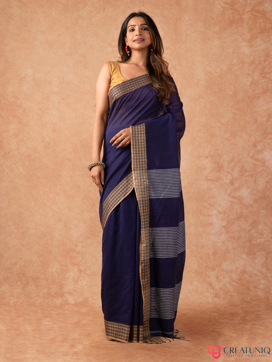 Bomkai Border Pure Cotton Handloom Saree – Blue & White Stripes