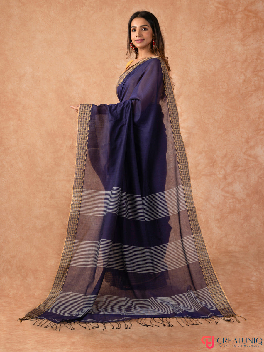 Bomkai Border Pure Cotton Handloom Saree – Blue & White Stripes