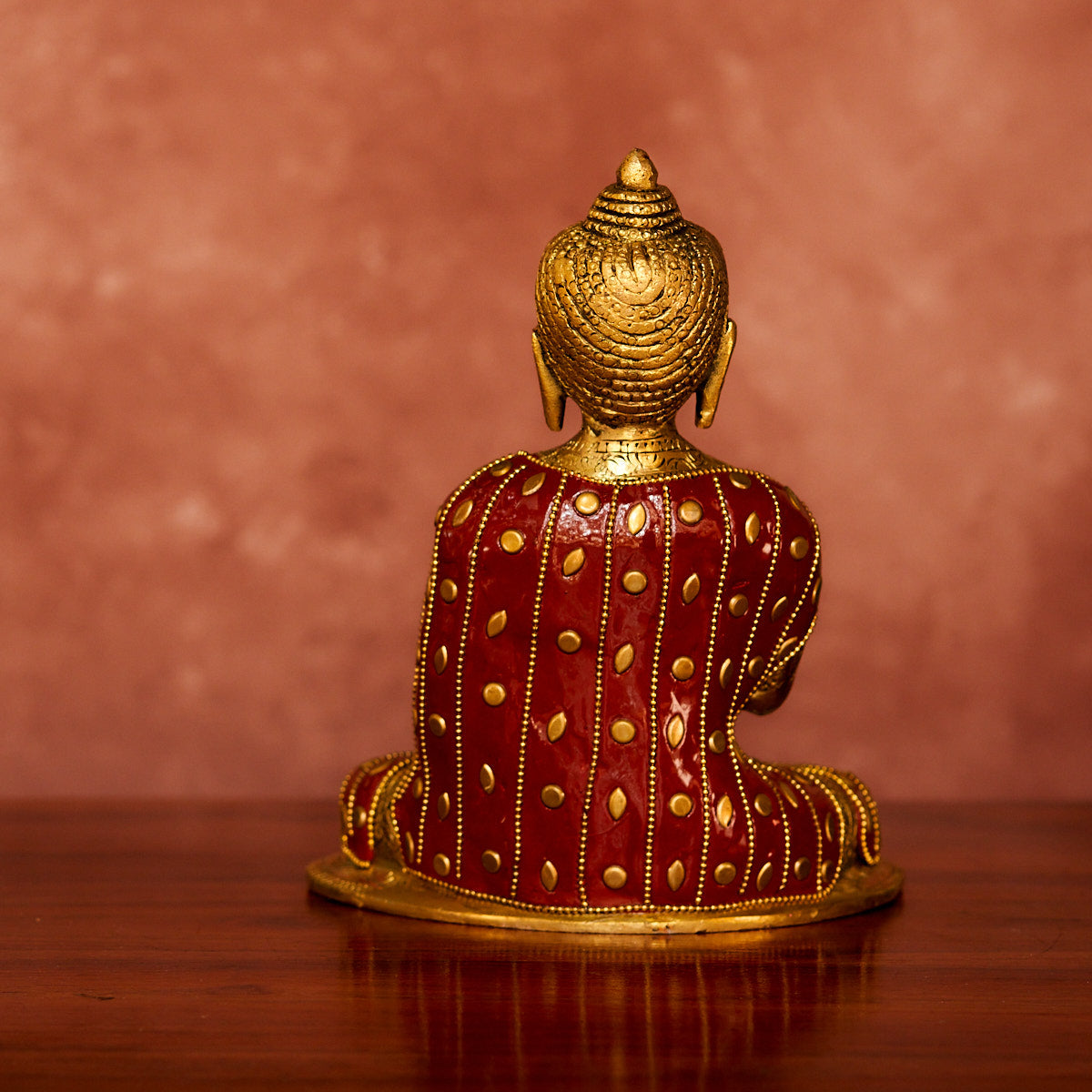 Brass Buddha Statue, 8", Antique Polished with Stonework