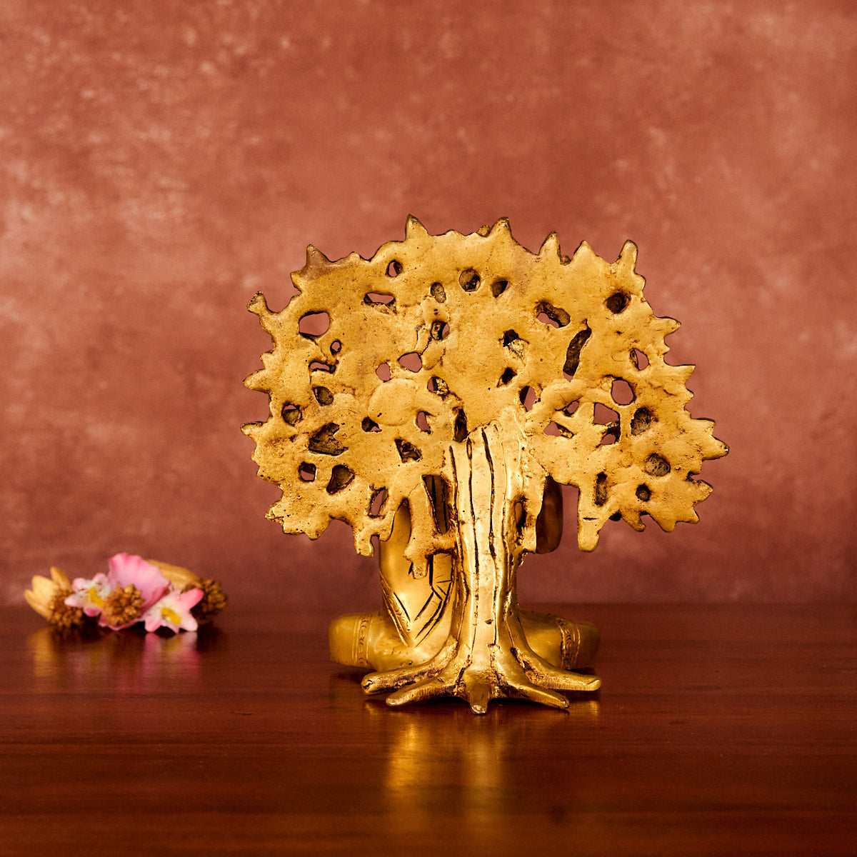 Brass Buddha Statue with Kalpavriksha, 7", Antique Polished