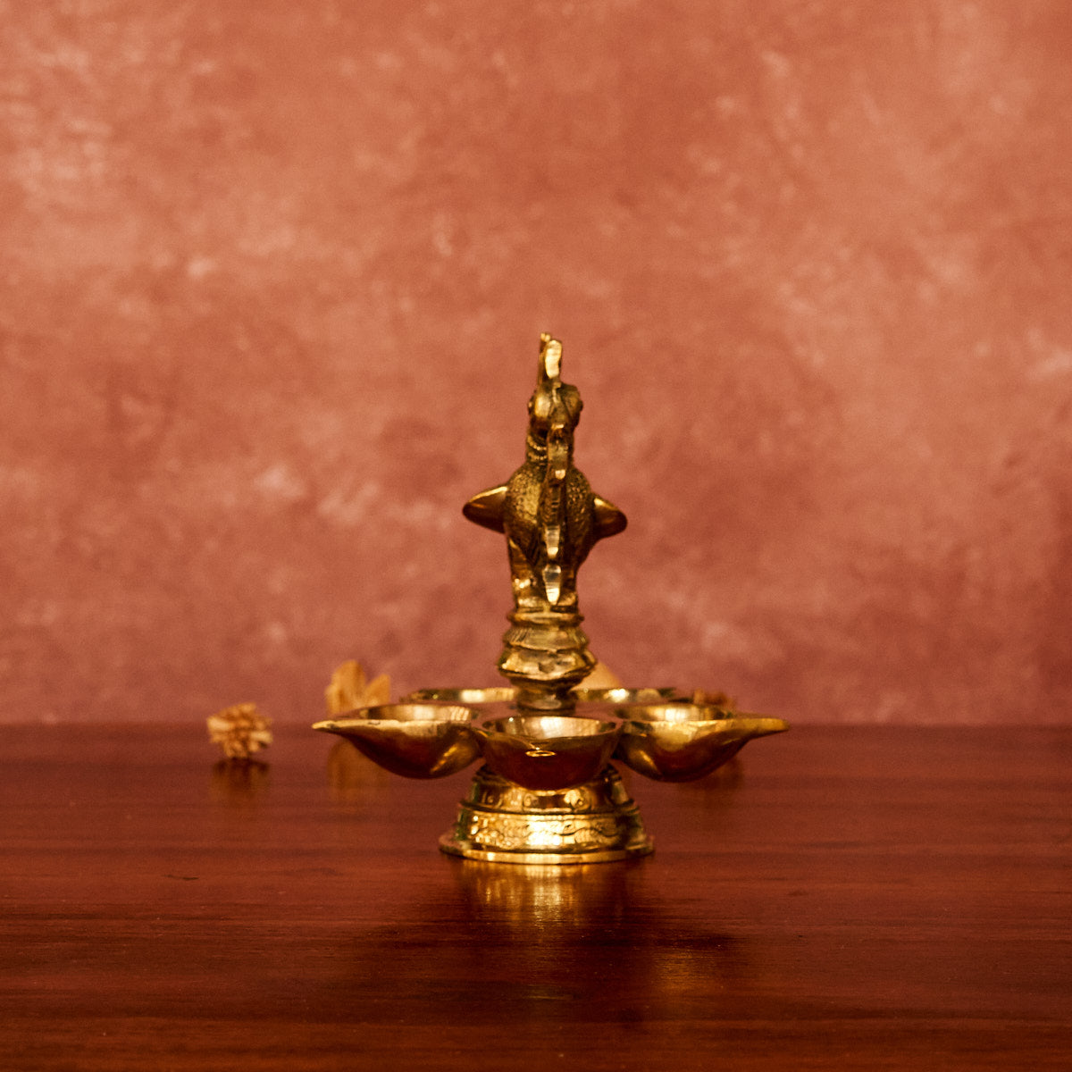 Brass Peacock Panch Diya 5.5" with Antique Polish