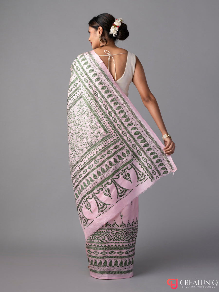 Careys Pink-Green Kantha Embroidered Pure Silk Saree