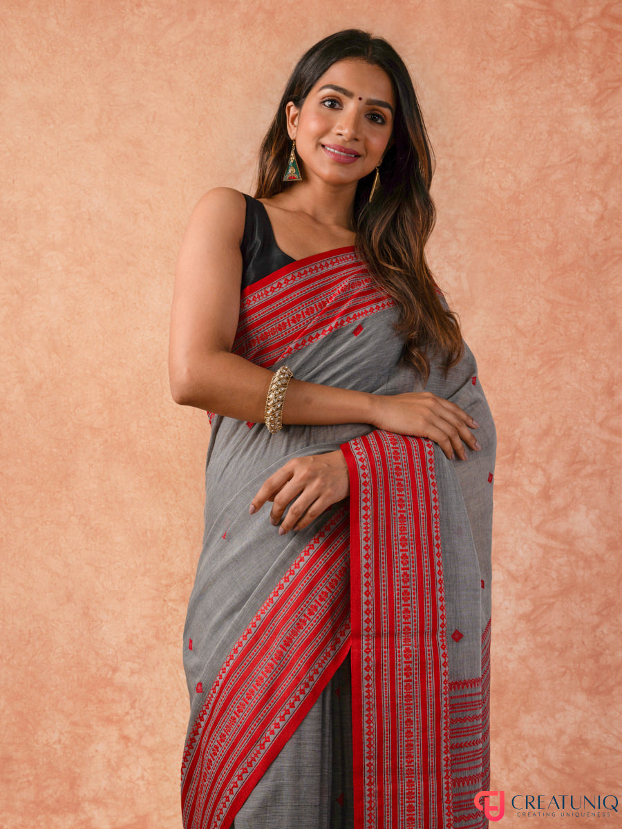 Classic Red Border Bengal Handloom Pure Cotton Saree – Grey