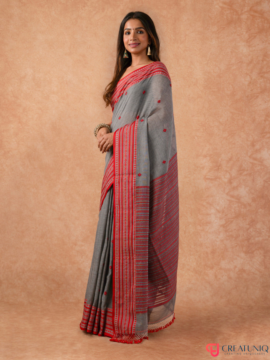 Classic Red Border Bengal Handloom Pure Cotton Saree – Grey