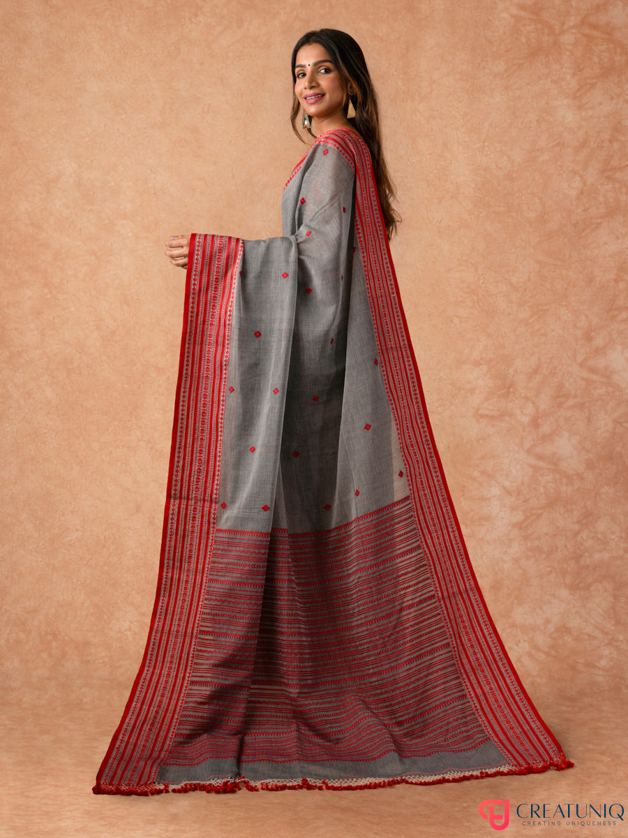 Classic Red Border Bengal Handloom Pure Cotton Saree – Grey