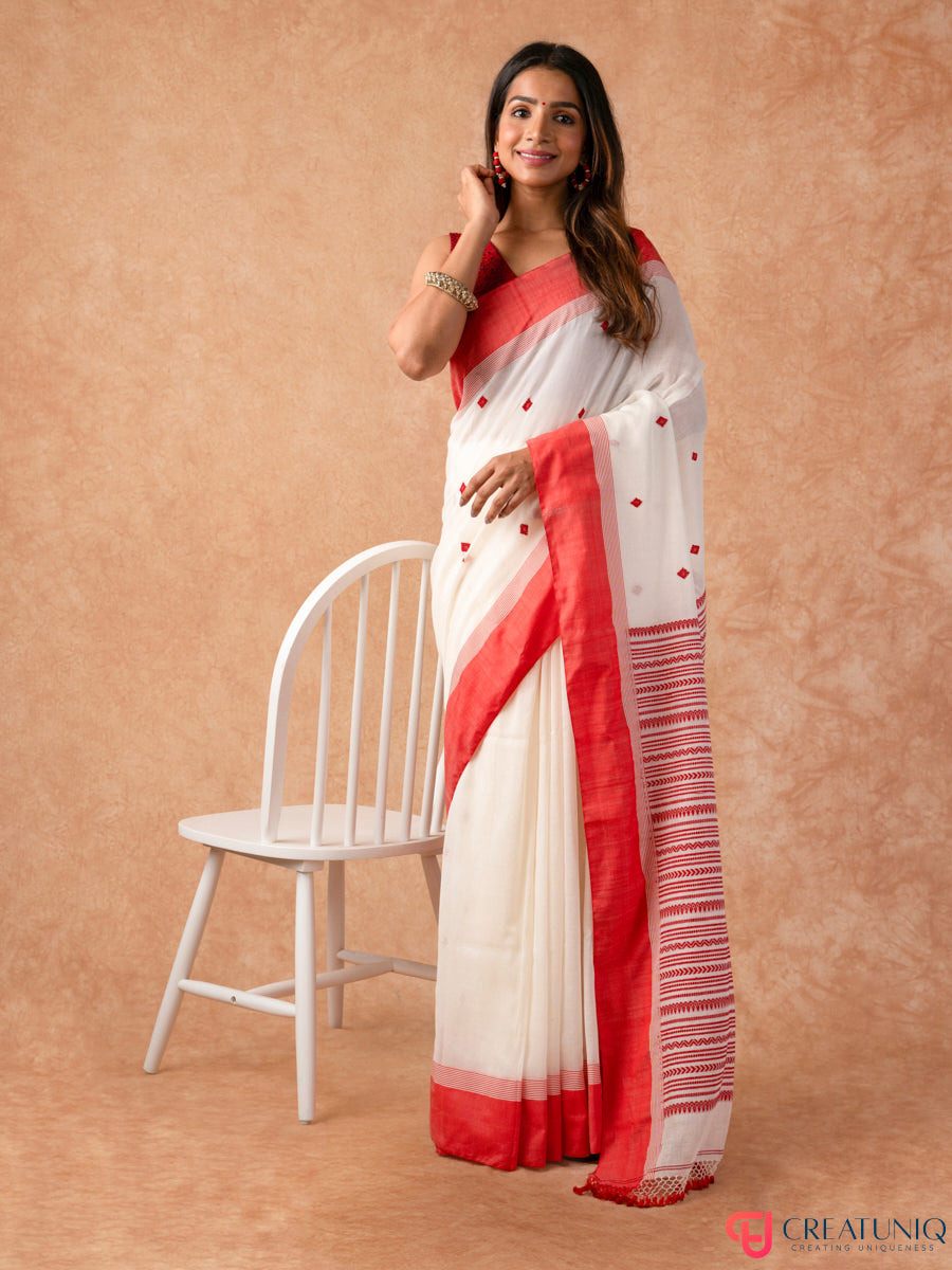 Classic Red Border Bengal Handloom Pure Cotton Saree – Off White