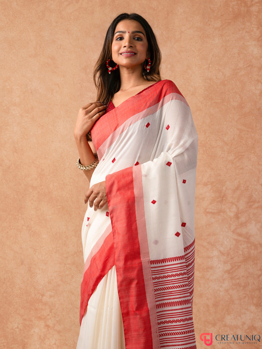 Classic Red Border Bengal Handloom Pure Cotton Saree – Off White
