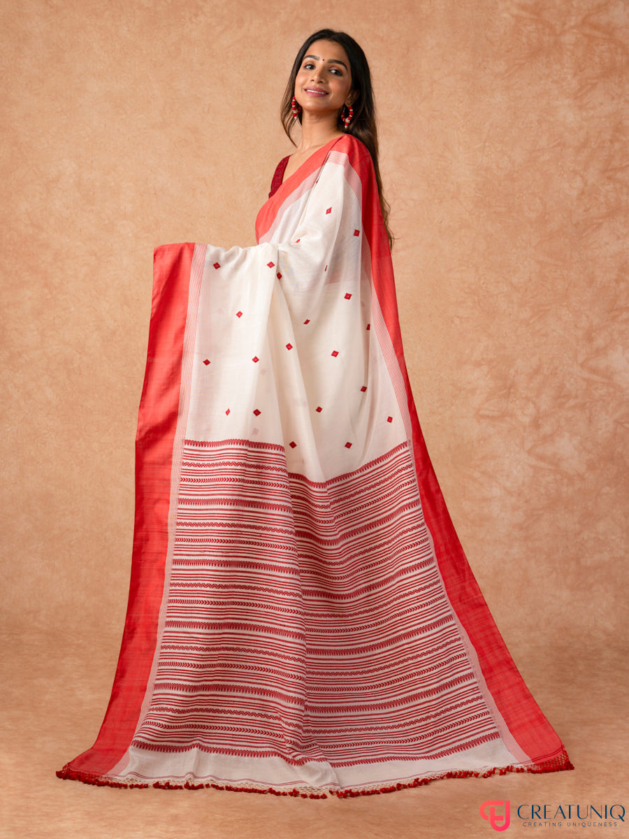 Classic Red Border Bengal Handloom Pure Cotton Saree – Off White