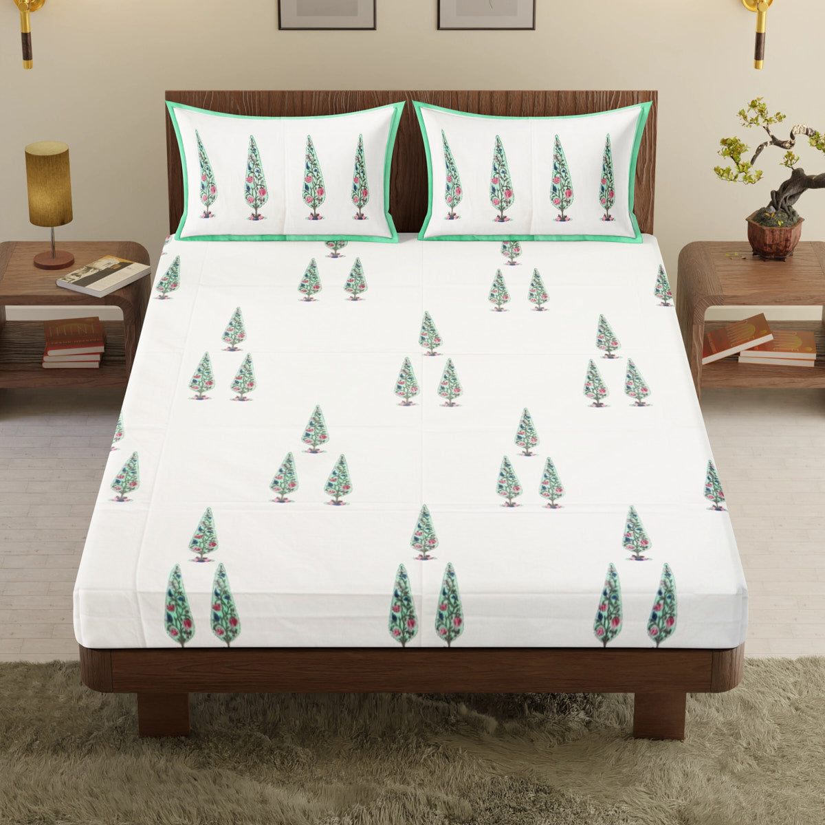 Cypress Tree Hand Block Printed Cotton Bedsheet