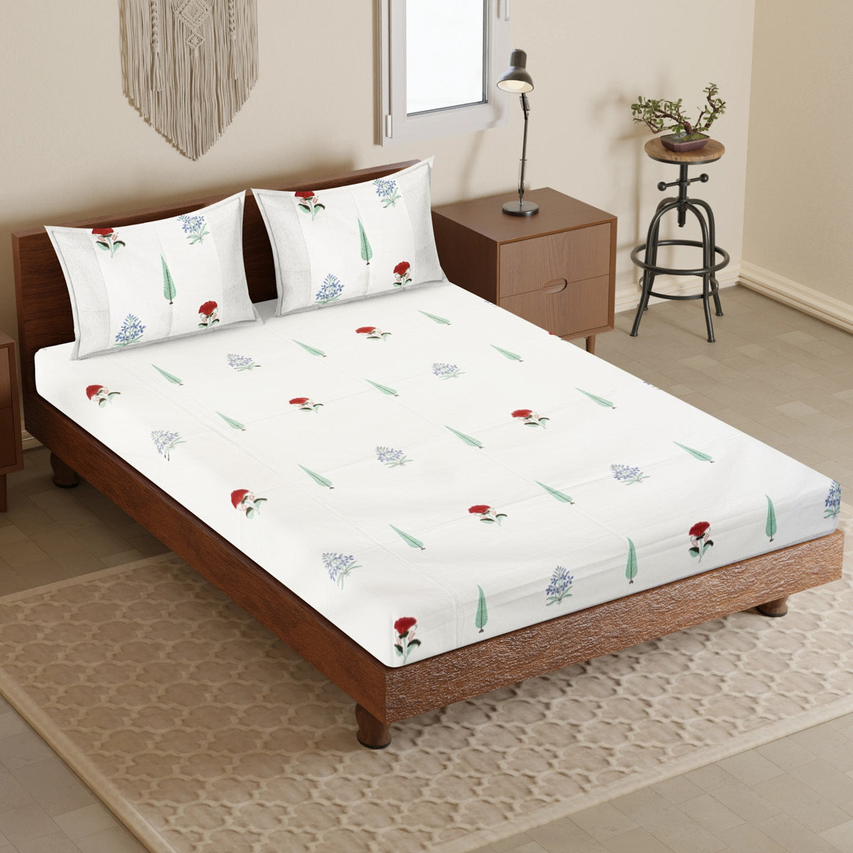 Cypress with Red Flower Hand Block Printed Cotton Bedsheet