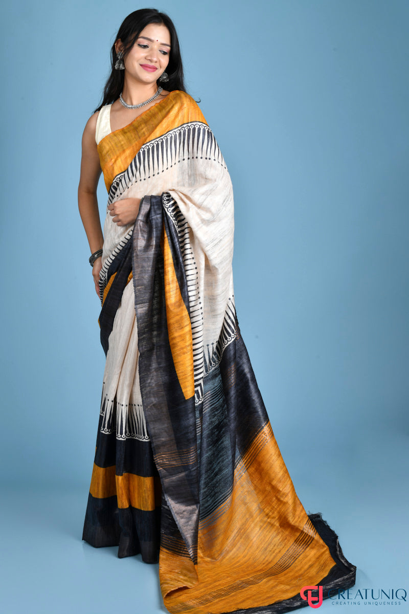 Exquisite Handwoven Pure Silk Saree with Intricate Patterns - Black and Yellow