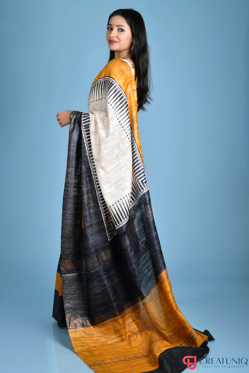 Exquisite Handwoven Pure Silk Saree with Intricate Patterns - Black and Yellow
